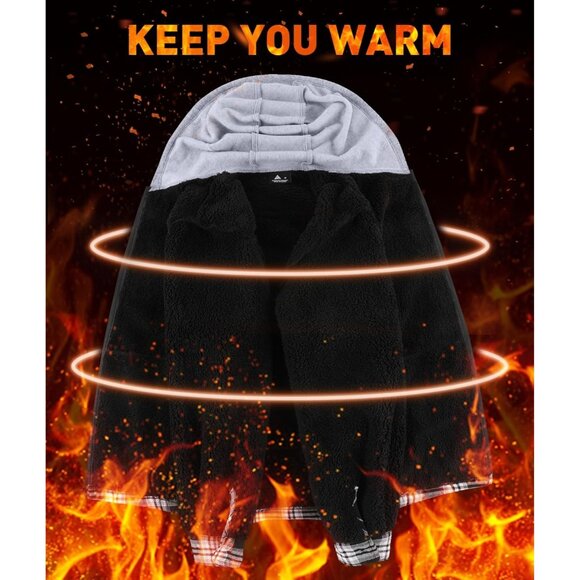 Men's Hooded White Black Sherpa Line Plaid Flannel Jacket Warm Winter Coat. - Picture 5 of 6